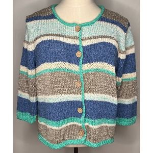 J Jill women's cardigan sweater blue gray white multicolor striped crochet XL